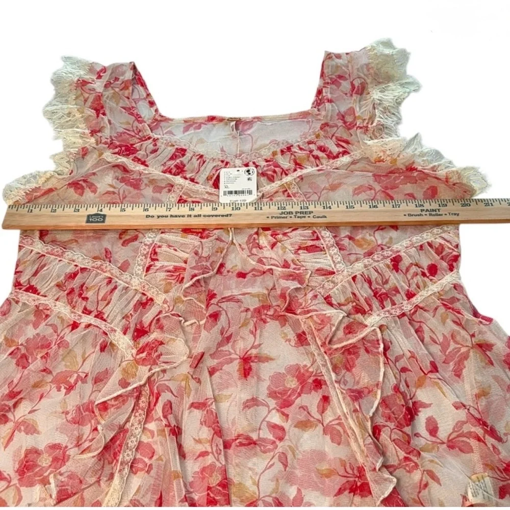 Free People Ivie Tunic Sheer Lace Ruffle Floral Pink XL NWT - Picture 3 of 5